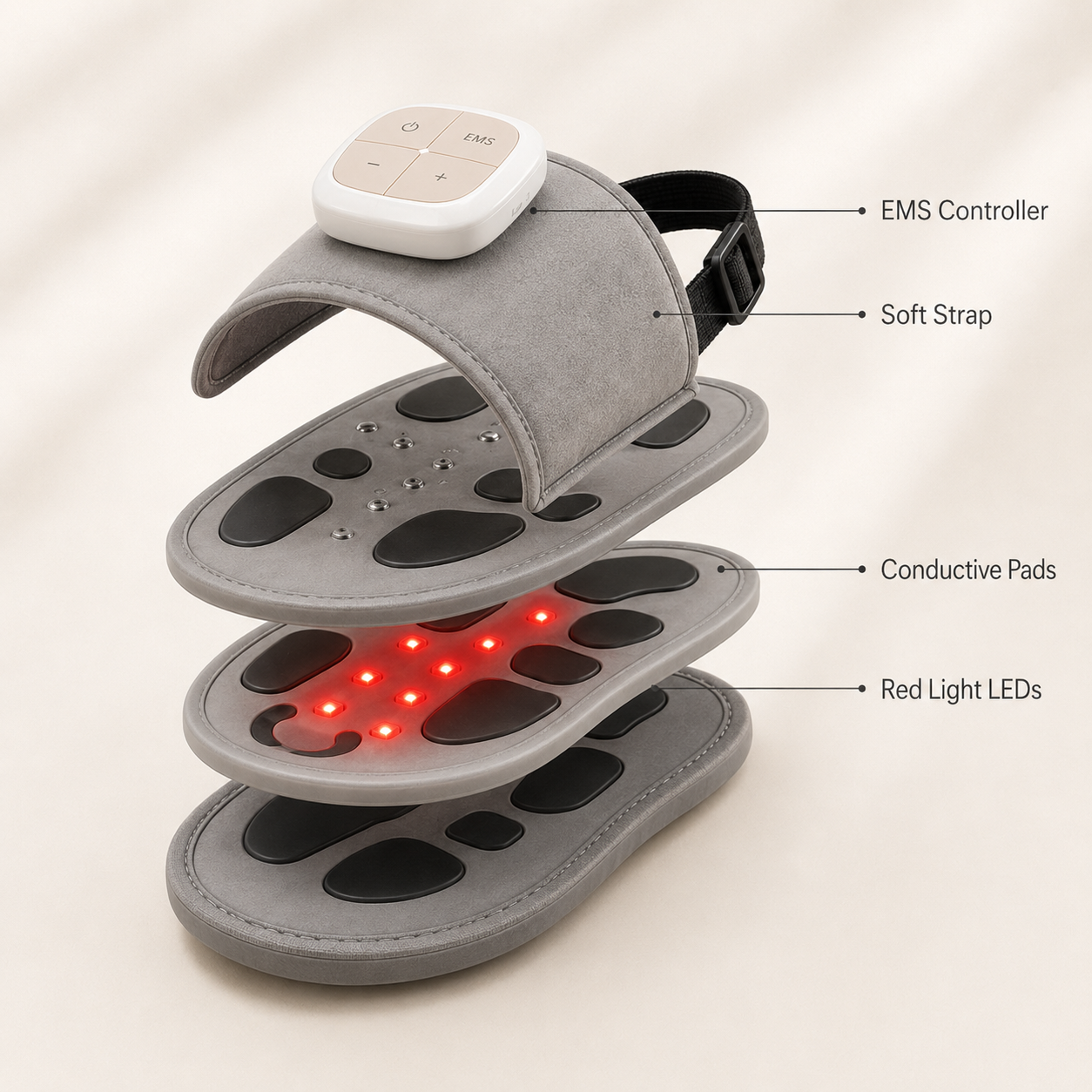 Exploded view of the Nexirah NeuroStep build: EMS controller, soft strap, conductive pads and red light LEDs